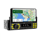 Universel 1-DIN Radio med telefonholder, USB-C og Bluetooth 5.1 med GPS-navigation på telefon.