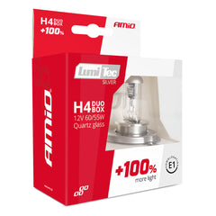 Pakkaus, jossa 2 LumiTec Silver H4 -halogeenipolttimoa