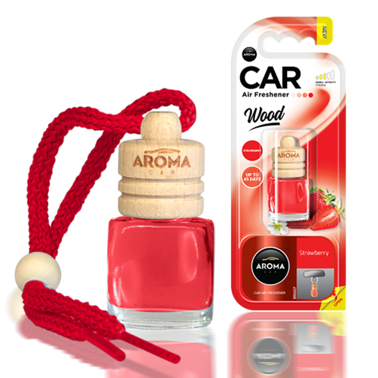 Aroma Wood Strawberry -auton ilmanraikastin lasipullolla ja puukorkilla
