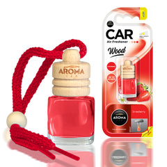 Aroma Wood Strawberry -auton ilmanraikastin lasipullolla ja puukorkilla