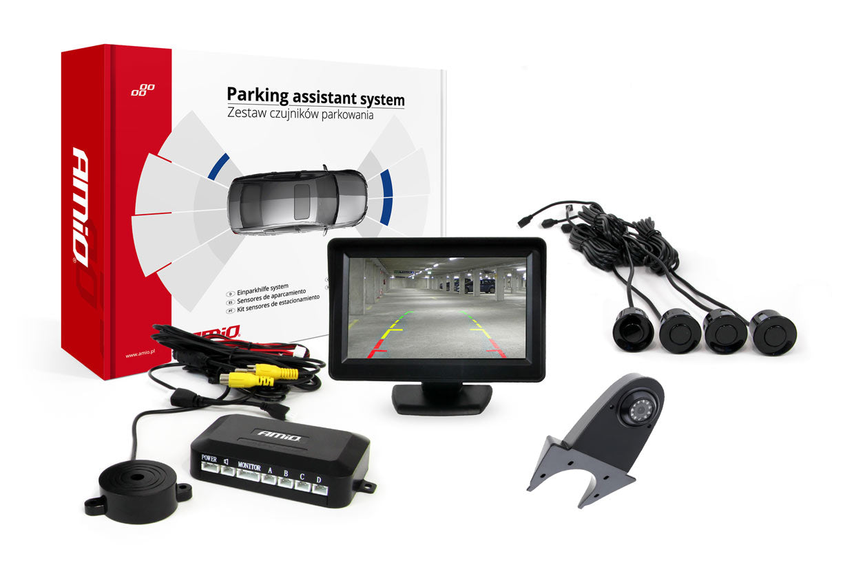 Parkeringsassistentsystem med kamera, sensorer og 4,3 tommer display