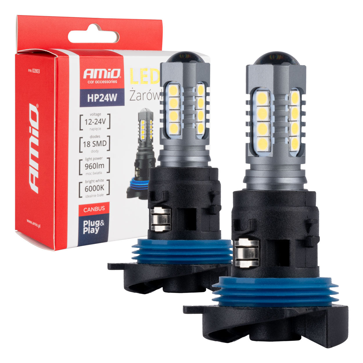 HP24W LED-polttimo, jossa on 18 SMD-LED:iä ja 6000K valkoinen valo