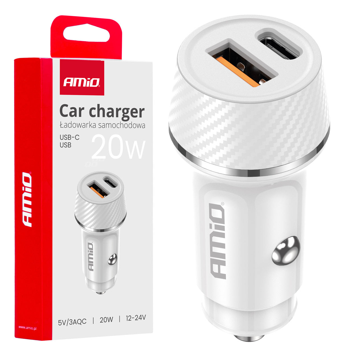 Hvid biloplader med USB-A- og USB-C-port