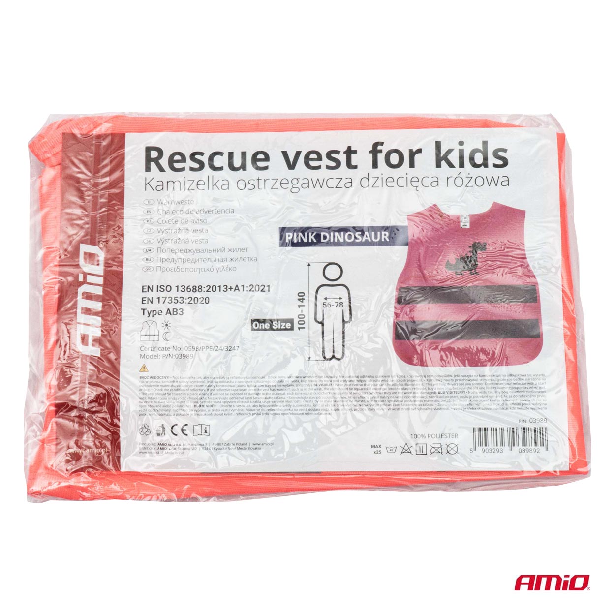 Refleksvest til børn i pink med dinosaurdesign