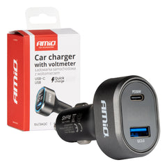 USB-autolaturi LED-volttimittarilla, USB-C PD 30W ja USB-A QC 3.0