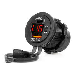 Vandtæt USB-oplader med USB-C, digitalt voltmeter og rød LED-indikator