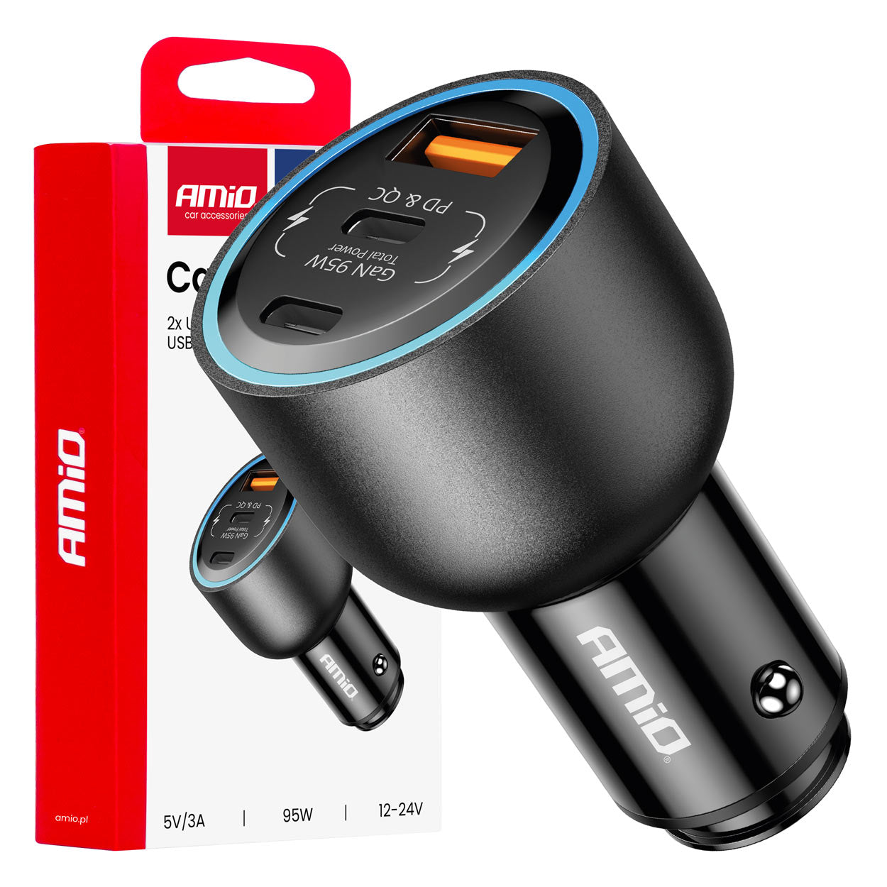 Autolaturi, jossa 2x USB-C ja 1x USB-A, 12/24V ja 95W