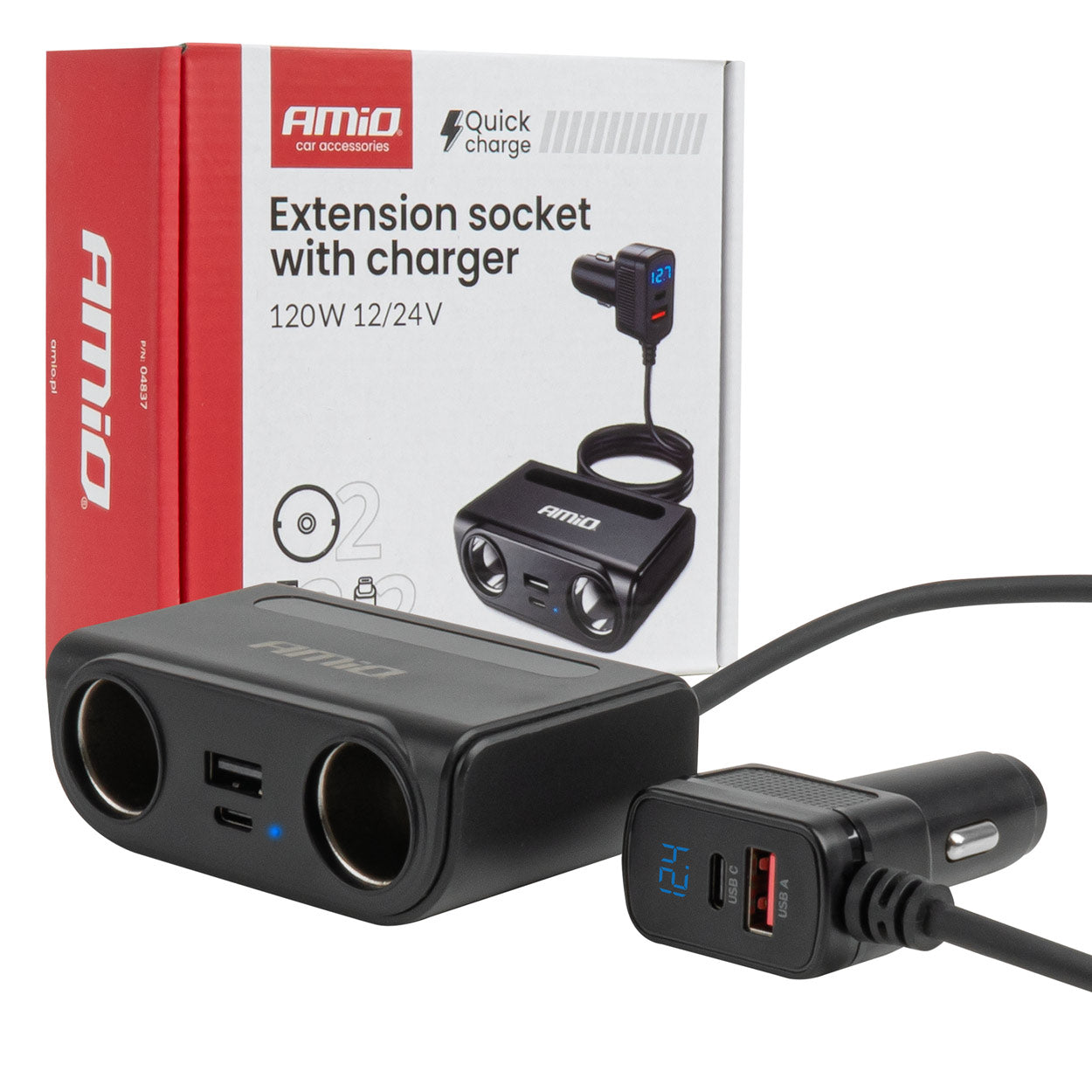 Tupakansytyttimen jatkojohto, jossa 2 pistorasiaa, USB-C ja USB-A