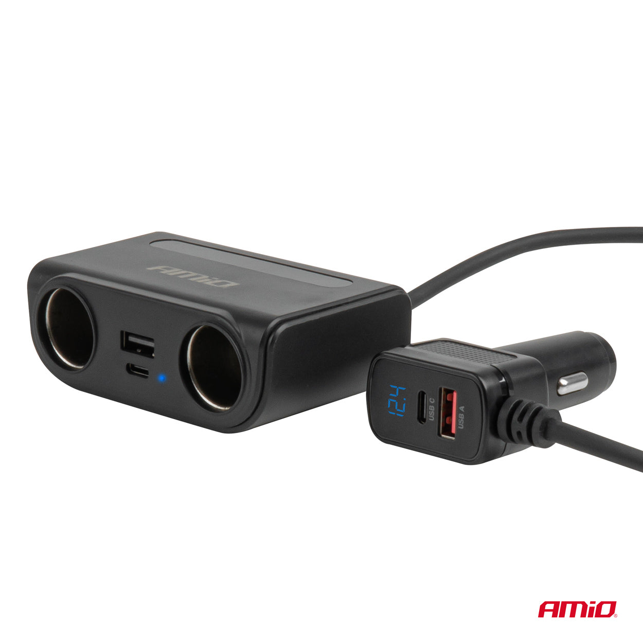 Auton jatkojohto, jossa 2 tupakansytytinpistorasiaa ja USB-portit