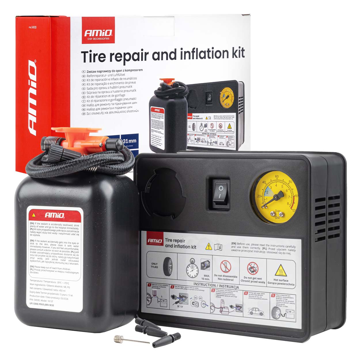 Rengaskorjaus- ja pumppusarja 12 V kompressorilla ja 31 mm sylinterillä
