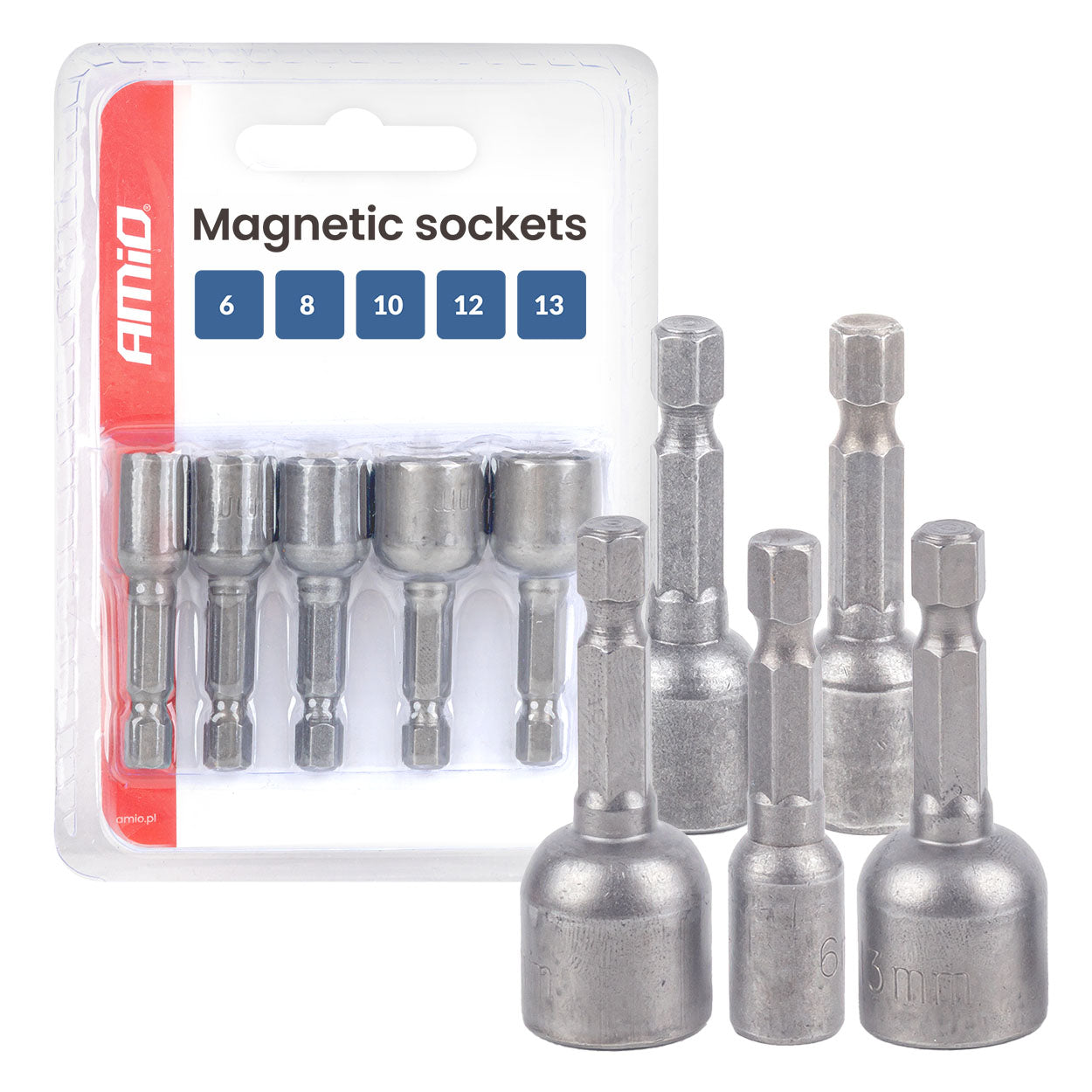 Viiden magneettihylsyn sarja koossa 6, 8, 10, 12 ja 13 mm