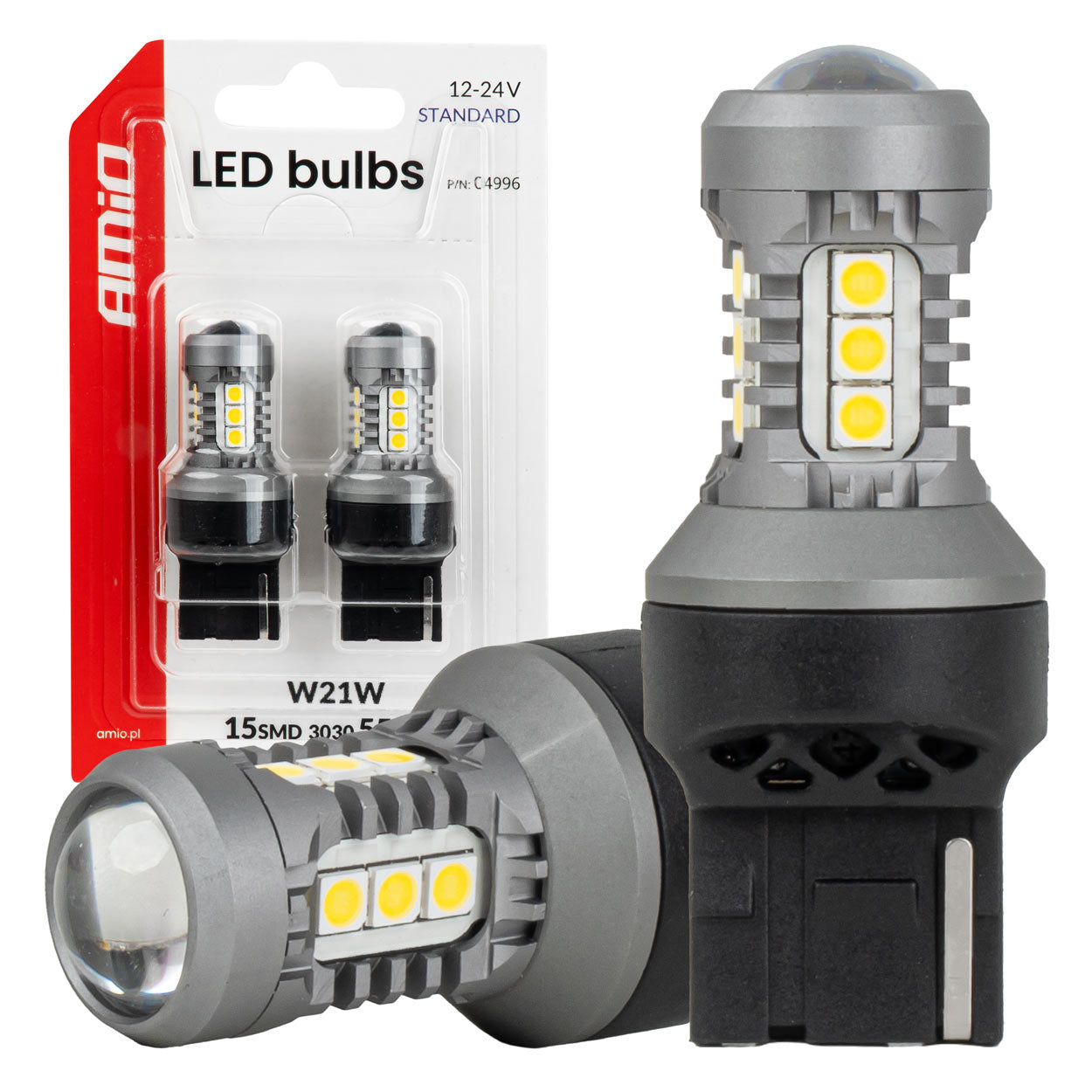 LED-polttimo 7440 W21W, jossa on 15 kpl SMD 3030 LEDiä ja valkoinen valo