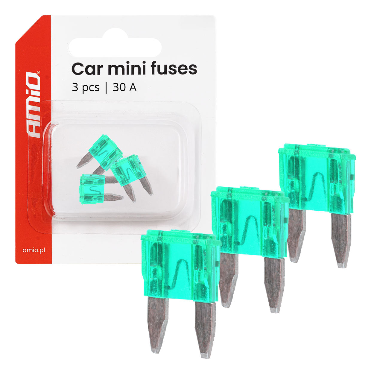 Kolme 30 A MINI-autosulaketta läpipainopakkauksessa