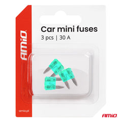 Pakkaus, jossa on kolme 30 A MINI-autosulaketta