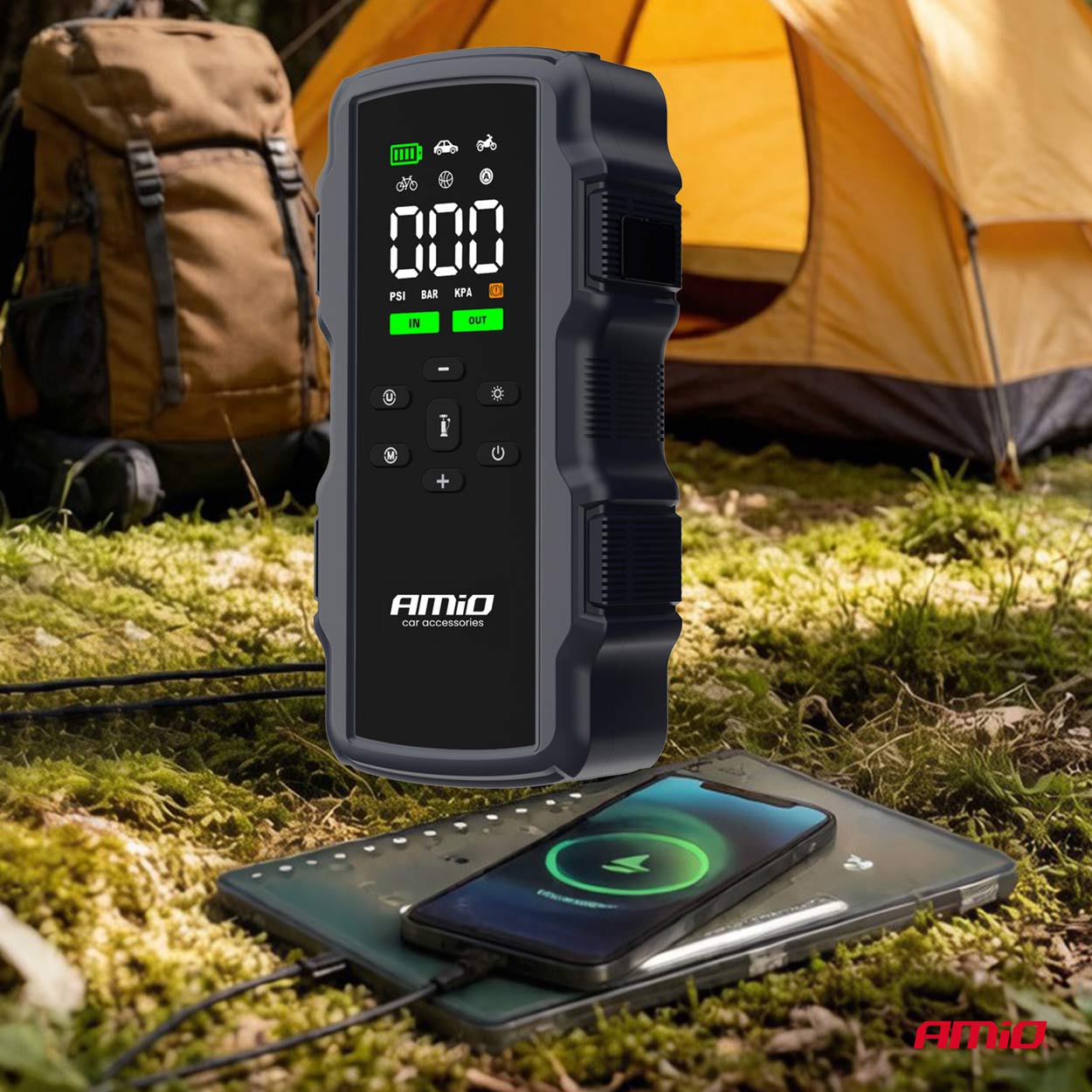 12 V apukäynnistin 7200 mAh akulla ja kompressorilla