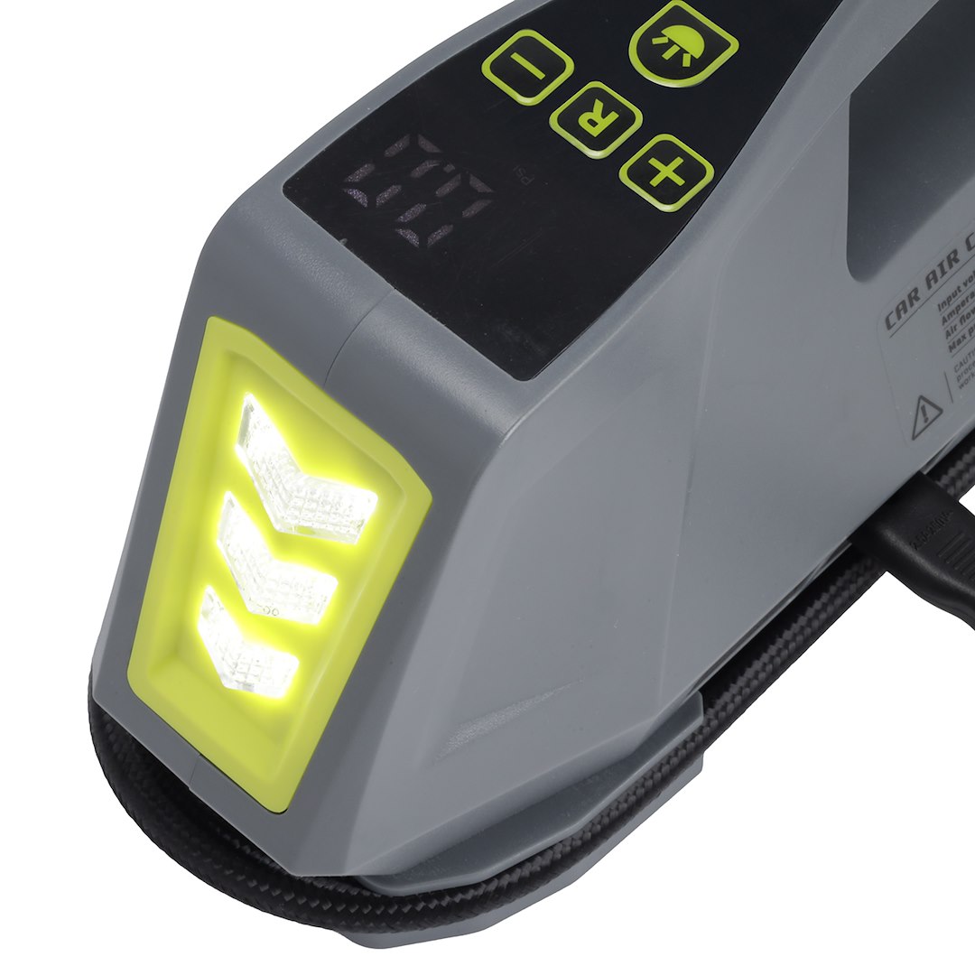 Kompakti 12V- ja 230V-ilmakompressori LED-taskulampulla