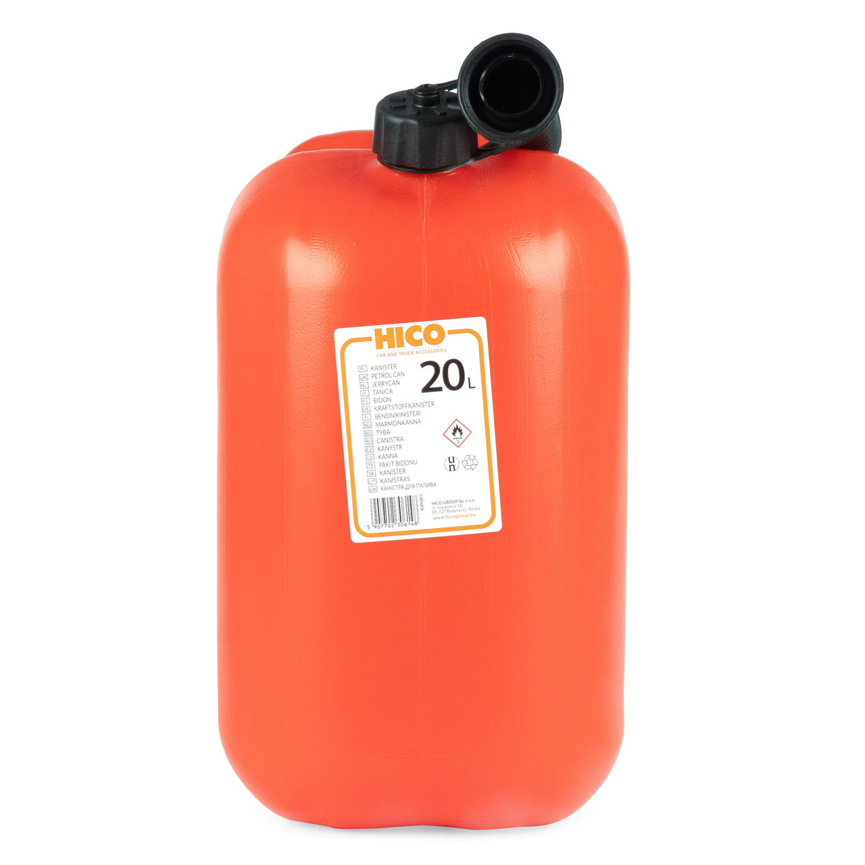 Rød 20 liters plastdunk med tragt