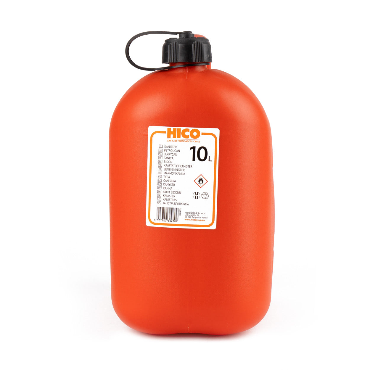 Rød 10 liters plastdunk med tragt