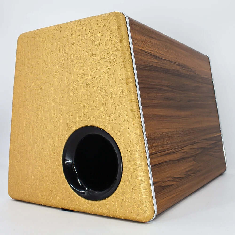 Subwoofer til bil 200W RMS – bagagerum bas 3800W med en flot designet kasse i trælook og gylden finish.