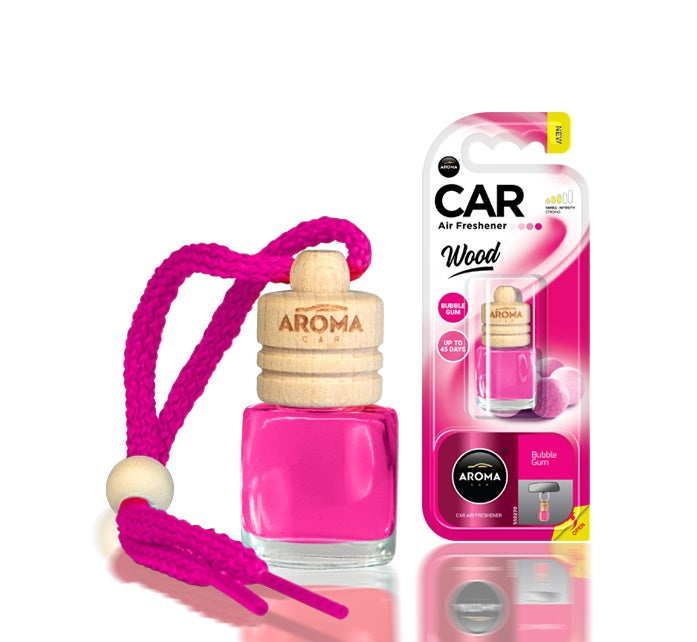 Aroma Wood Bubble Gum -autotuoksu lasipullolla ja puukorkilla