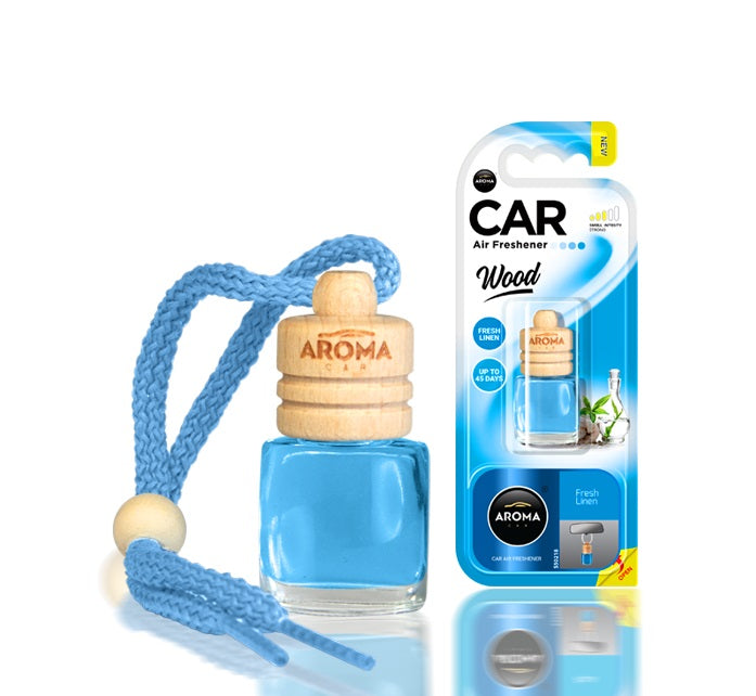 Aroma Car Wood Fresh Linen -auton ilmanraikastin lasipullolla ja puukorkilla